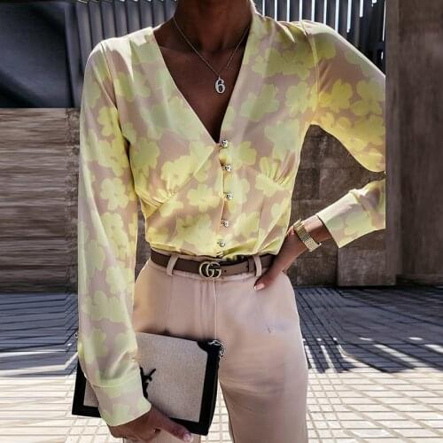 Summer Retro Floral Print Slim Women Shirts Spring Long Sleeve Streetwear Top 2XL Elegant Deep V-neck Button Office Lady Blouses