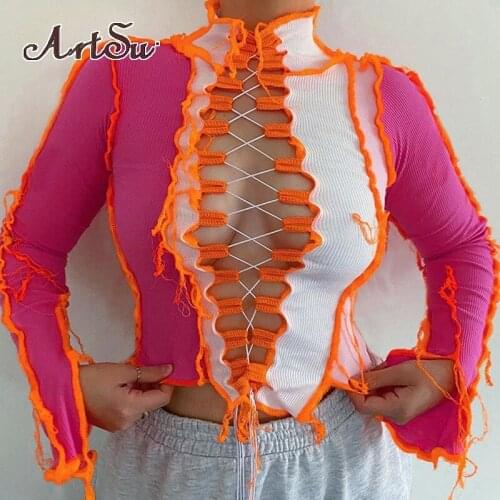 Artsu Ribbed Patchwork Hot Sexy Hollow Out T-Shirts For Women Turtleneck Long Sleeve Bodycon Clubwear Crop Tops 61466