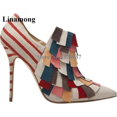High Quality Women Charming Pointed Toe Mix-colored Short Tassels Boots Fringes Slip-on High Heel Ankle Booties