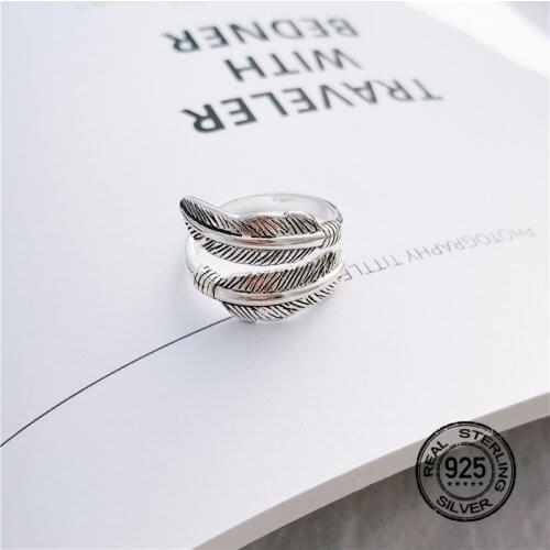 S925 Silver Rings For Women Adjustable Opening Feather Retro Geometric Personality Single Accessories Sweet Anti-Allergic INEFFA