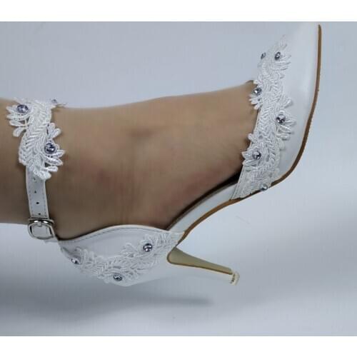 BaoYaFang High heels wedding shoes womens ankle buckle shoes sweet party shoes white lace water drill pointed shoes