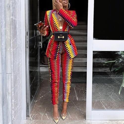 BAMBOOBOY Womens Fashion Lapel Printed Contrast Color Streetwear Suit Slim Two Piece Set ZL1200