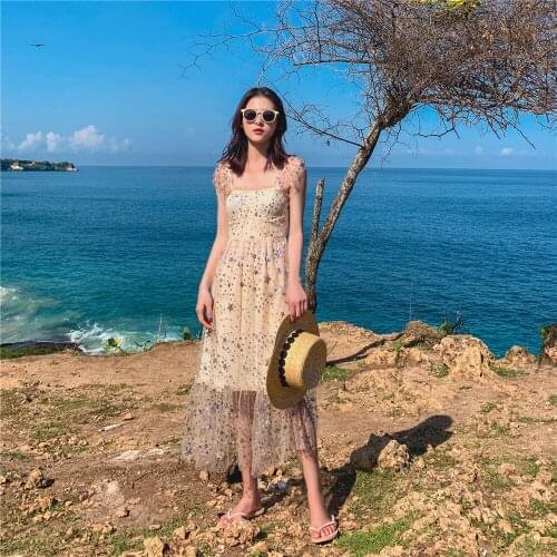 Luxury Women Boho Dress Backless Spaghetti Strap Sheer Mesh Dress Women Retro Sequined Embroidery Long Beach Dress Vestidos