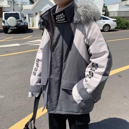 Winter Mens Hooded Cotton-padded Jacket Trendy Brand Loose Big Size Tooling Coat Thickened Warmth Large Fur Collar Male Jacket