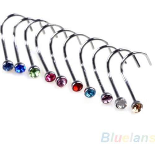 10Pcs Mixd Color Rhinestone Hook Bone Bar Pin Piercing Jewelry Nose Studs Rings