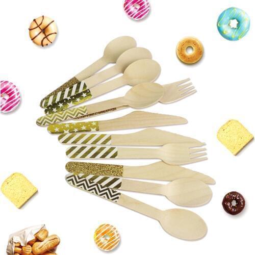 120pcs Disposable Foil Gold Party Wooden Utensil Cutlery for Wedding Table Setting Chevron Striped Star Wooden Fork Spoon Knife