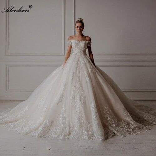 Alonlivn Luxury Ball Gown Lace Up Chapel Train Vestido de Noiva Romantic Emboridery Lace Wedding Dress With Boat Neck