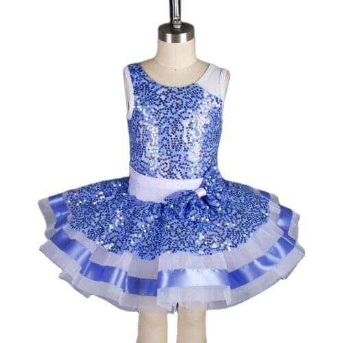 Childrens Jazz Ballet Dance Costume Blue Sequin Lace Bodice Leotard Attached Tutu Dress Dance Wear 18441