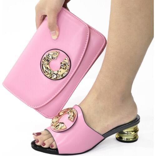 Doershow New Arrival African Wedding Shoes and Bag Set pink Color Italian Shoes with Matching Bags Nigerian Women party!HCG1-6