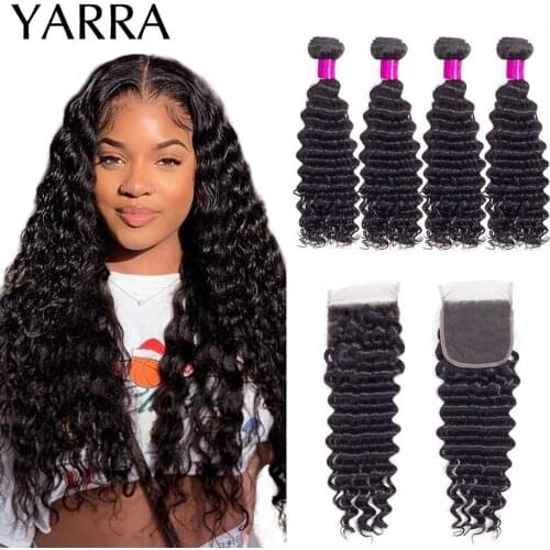 Deep Wave Bundles with Closure 4x4 Lace Pre Plucked Brazilian Hair Deep Wave Human Hair Bundles With Closure Remy Hair Yarra