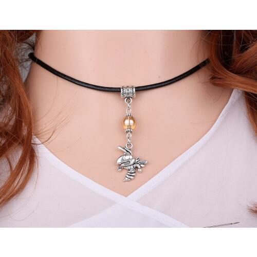 Hornets&Glass Beads Charms Vintage Silver Choker Leather Collar Statement Necklace Pendant Accessories Jewelry For Women A168