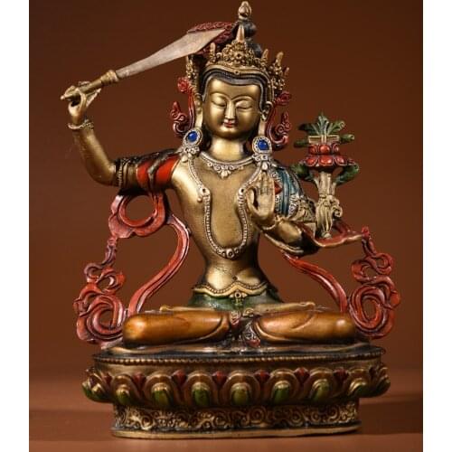 8"Chinese temple collection Old Bronze Painted Manjushri Guanyin Bodhisattva Sitting Buddha Ornaments Town House Exorcism