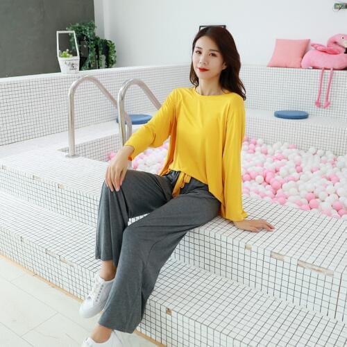 2020 Long Sleeve Modal Women Loungewear Pajamas Two-piece Set O-neck Solid Loose Thin Summer Homewear T Shirt Hedging Tops Woman