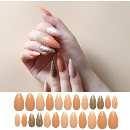 24pcs/set Camel Color Stiletto False Nail with Design Artificial Nails DIY Fashionfake nails with Adhesive Tabs Fake Nails