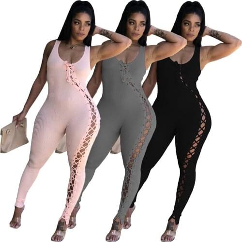 European and American sexy womens fashion summer solid color eyelet straps zipper one-piece trousers