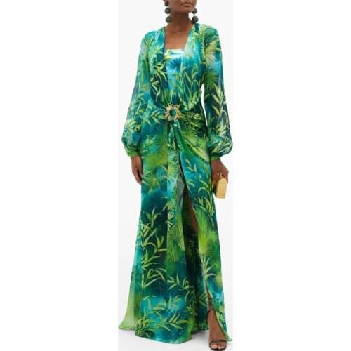 Long Green Printed Deep V-neck Dress Jewelry Buckle Banquet Dress Summer Impreso Saten Floral Formal Bridal Party Beach