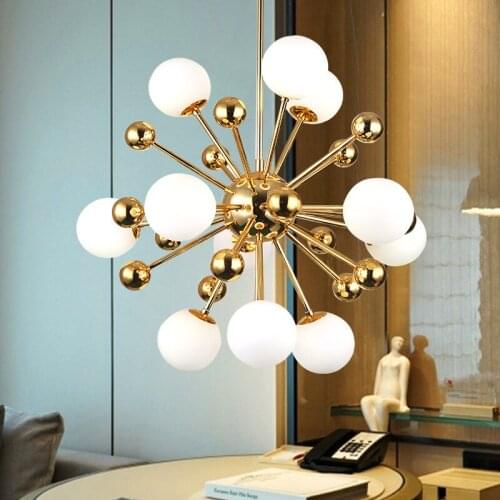Post Modern Creative Electroplate Iron Milk White Glass Ball Chandelier Luxurious Living Room Dandelion Bedroom Hotel Chandelier