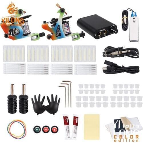 Professiona Kits Tattoo 2 Tattoo Machines Power Supplies tattoo transfer paper Box Grips Body Arts Supplies Needles Tips Tattoo