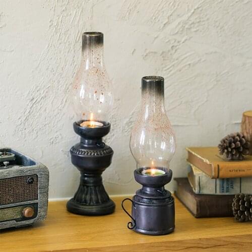 Retro Oil Lantern Candle Holders Nordic Style Home Decor Resin Kerosene Lamp Handicraft Candlestick Glass Cover Tabletop Decor