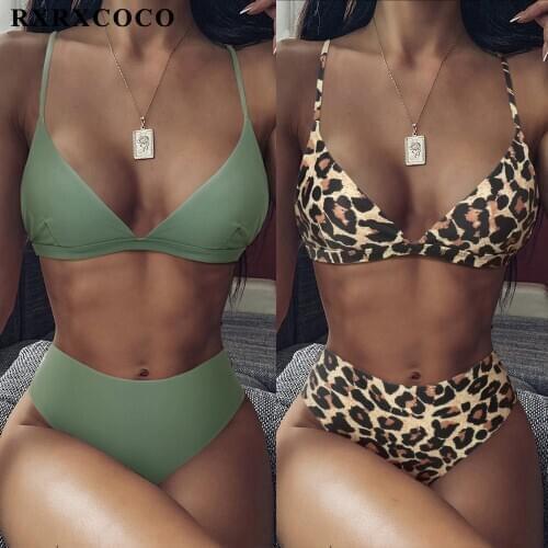 RXRXCOCO High Waist Swimwear Women 2021 Push Up Beachwear Solid Bathing Suit Sexy Animal Leopard Female Swimsuit Women Bikini