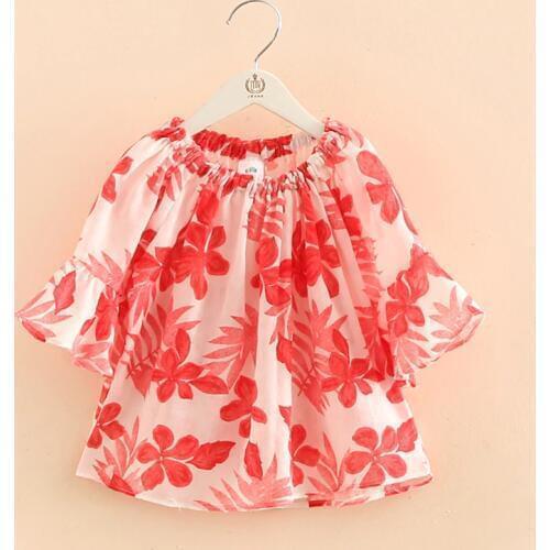 2020 Hot Summer 2-10 Years Sweet Cute Floral Print Half Flare Trumpet Sleeve Blouse Cotton Linen Baby Kids Girls Dress Shirt