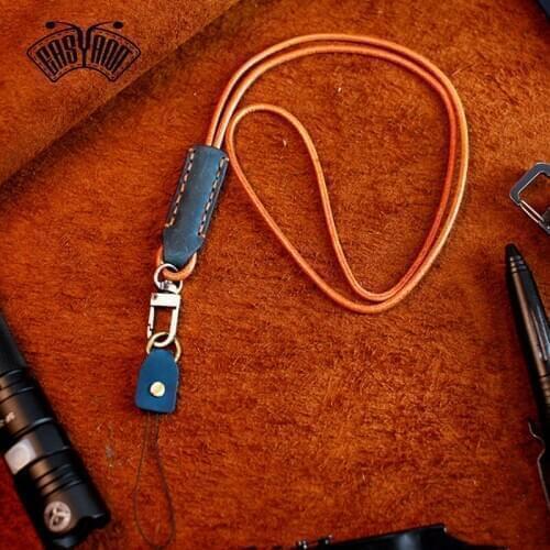 Handmade leather ID card hanging neck rope cowhide mobile phone lanyard with detachable buckle for easy carrying