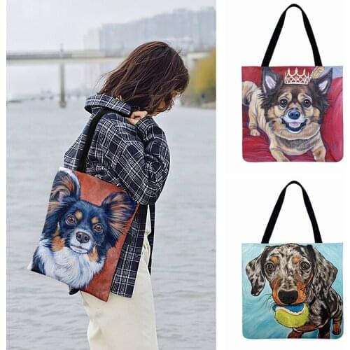Outdoor Beach Bags Fashion Shopping Bag Watercolor Dog Oil Painting Printed Tote Bag For Women Casual Tote Ladies Shoulder Bag