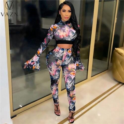 VAZN 2021 Top Quality High Neck Crop Top Print High Street Sexy Young Bandage Long Pant Skinny Women 2 Piece Set