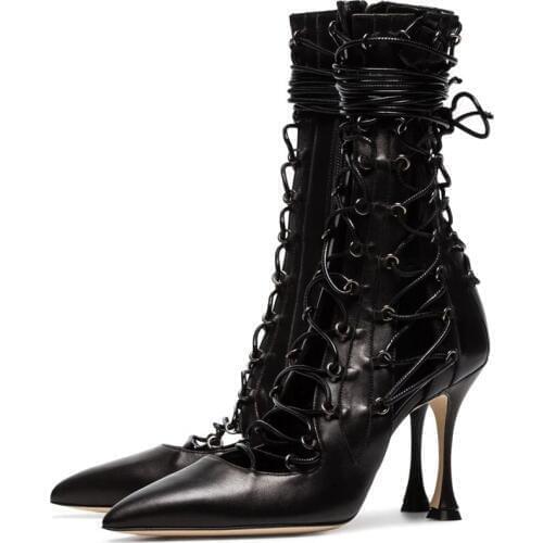 Hollow Gladiator Spring Shoes Woman Runway Party Ankle Booties Lace Up Pointed Toe Stiletto Heel Leather Pumps High Vamp Shoes