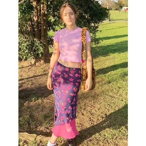 Vintage Summer Pink Print 2000s Skirts Women Double Layer Chiffon Y2K Midi Skirt Kawail High Waist Holiday Streetwear Skirts