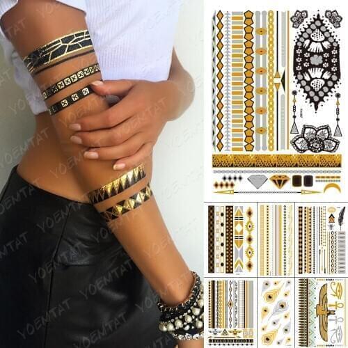 Waterproof Temporary Tattoo Sticker Metal Gold Silver Black Bracelet Diamond Mandala Flash Tatoo Henna Moon Body Art Fake Tatto