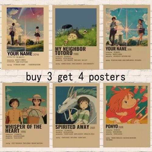 Japanese manga Hayao Miyazaki works painting Spirited Away/Princess Mononoke/You name/My Neighbor Totoro retro style poster