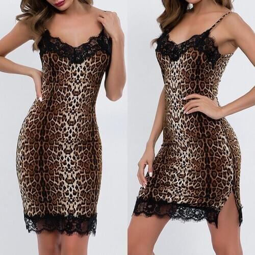 Women Sexy Lace Lingerie Nightwear Sleepwear Leopard-Print Sexy Nightdress Nighties Ladies Night Dress Homewear Deep V-Neck 2020