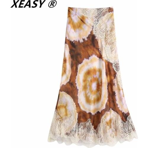 Women 2021 Chic Fashion With Lace Trims Print Midi Skirt Vintage High Waist Side Zipper Female Skirts Mujer