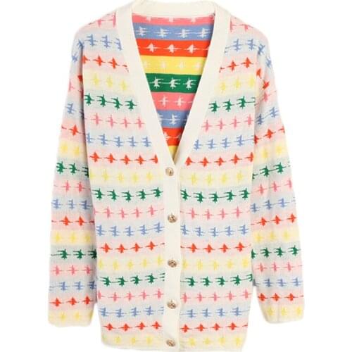 High Quality Street Chic Women New Sweater Jacquard Embroidery V-Neck Long Sleeve Loose Knit Cardigan Jacket 2021 Spring Coat