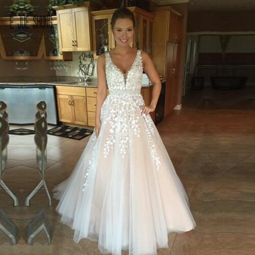 E JUE SHUNG White/Ivory Boho Wedding Crystal Sash V Neck 3 d Floral Applique Sleeveless Sexy Bridal Dresses Vestios De Novia