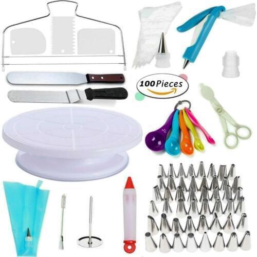 100 PCS Cake Decorating Kit Cake Turntable Set Pastry Tube Fondant Tool Cake Kitchen Dessert Baking Tools