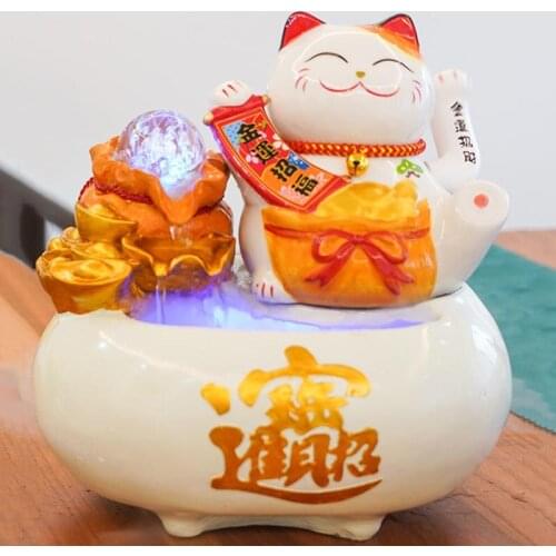 220V Creative Ceramic Water Fountain Feng Shui Lucky Cat Home Decor Fountains Ornament Restaurant Desktop Decoration Humidifier