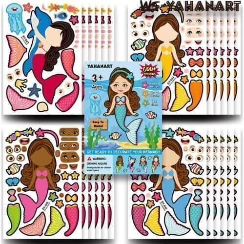 4PC Sheets Mermaid Sticker Puzzle Game DIY Cartoon Princess Girl Learning Education Toys For Children Kids Multi-patterns Styles