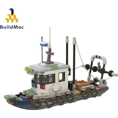 Buildmoc City Fishing Boat Trawler Pirate Ship Model Building Blocks Creator MOC Steamship Bricks Educational Toys For Children