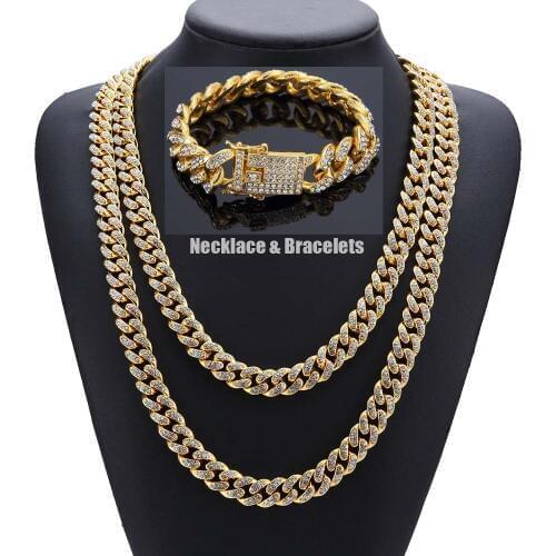 HipHop Bling Bling Full Cubic Zirconia Men Women Jewelry Sets MIAMI CUBAN LINK CHAIN Iced Out Punk Chains Necklace Bracelets