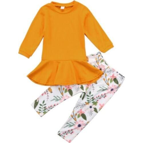 Children Kids Two Piece Sets Long Sleeve O Neck Solid Ruffle Tops Print Pants Autumn Cotton Baby Girls Casual Outfits 2-7Y
