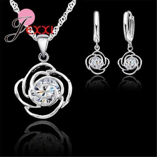 Elegance Flowers Shaped 925 Silver Shiny Crystals Pendant Necklace Earrings Women Wedding Jewelry Sets