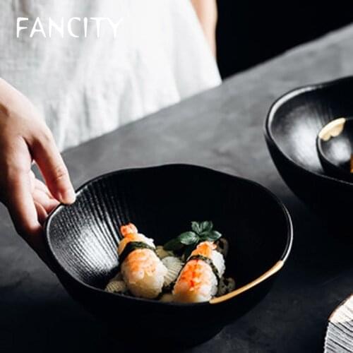 FANCITY Nordic gold tableware irregular bowl ceramic rice bowl soup bowl frosted black ramen bowl restaurant dinner plate