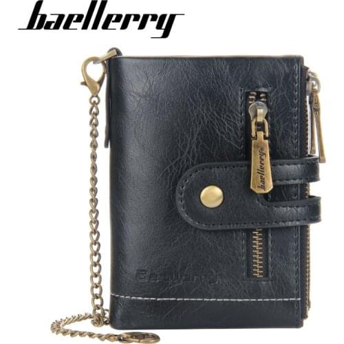 Baellerry Men Wallet With 3 Zipper Coin Pockets Small Male PU Leather Chains Purse Credit Card Holder Casual Money Bag For Man