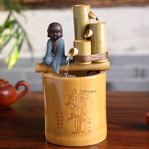 110/220v Creative Bamboo Water Fountain Buddha Monk Feng Shui Ornaments Office Home Decor Figurine Craft Wedding Gift Humidifier