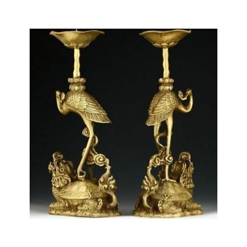 Copper Brass CHINESE crafts Asian A Pair of Delicate Chinese Cranes Standing on Dragon Turtle Statue Candlesticks