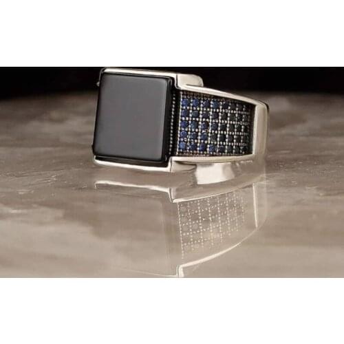Fashion Mens Sapphire Square Black Onyx Ring Silver Colour Party Gemstone Rings Engagement Wedding Jewelry