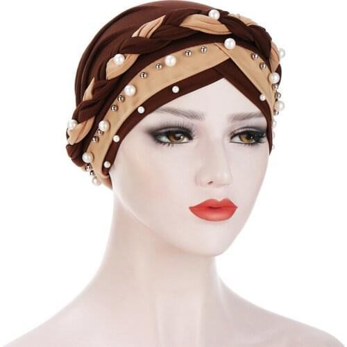 2021 New Womens Hair Care Islamic Jersey Head Scarf Milk Silk Muslim Hijab Beads Braid Wrap Stretch Turban Hat Chemo Cap Head