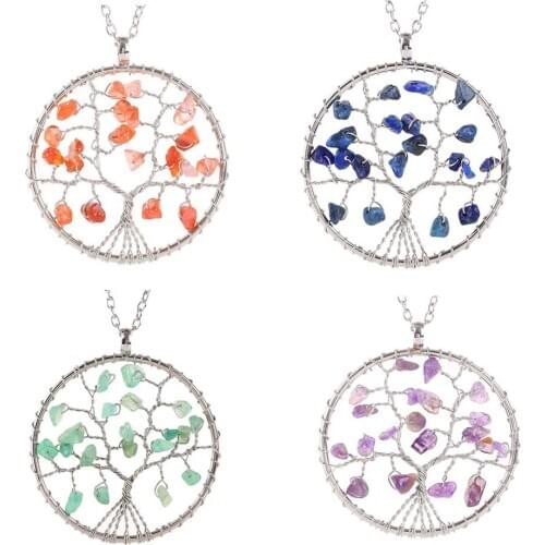 New Chip Stone Necklace Silvertone Women Tree of Life Stone Pendant Long Necklace